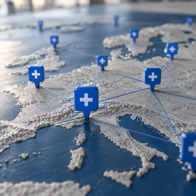 Global Modesta installer network connected by blue plus-sign map markers